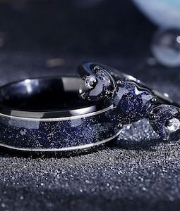 Orion Nebula Heart Shape Couples Rings – Guitar String Blue Sandstone Wedding Band Anniversary Gift.