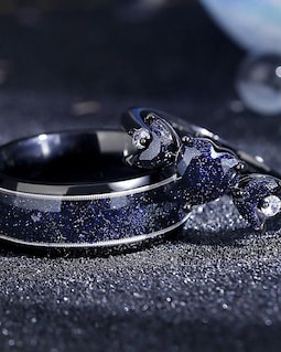 Orion Nebula Heart Shape Couples Rings – Guitar String Blue Sandstone Wedding Band Anniversary Gift.