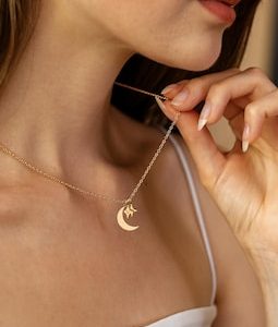 Crescent Moon and Stars Necklace, Engraved Initial Stars Pendants, Dainty Moon Jewelry for Mom, KIds Initial Necklace, Personalized Gifts