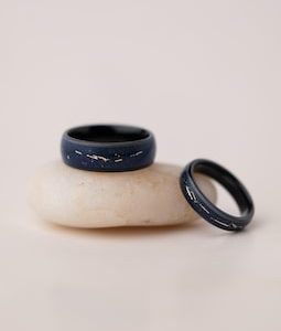 Cosmic Galaxy Rings Wedding Set: Blue Sandstone with Gold-Plated Foil