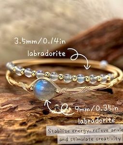 50%off Buy2!9mm Labradorite Bangle:Copper 14k Gold Filled Wire Wrapped Adjustable Bracelet-Balance Inner Peace Energy Crystal