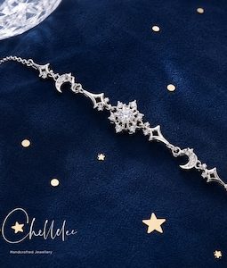 Snowflake Moon Star Bracelet, Sterling Silver Celestial Bracelet, White CZ Winter Jewelry Gift for Her